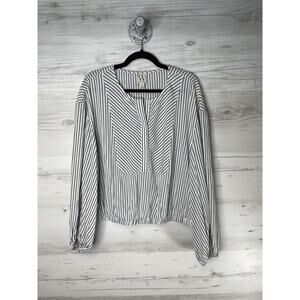Worthington Shirt Womens 2XL White Gray Striped Long Sleeve Split Neck Boho